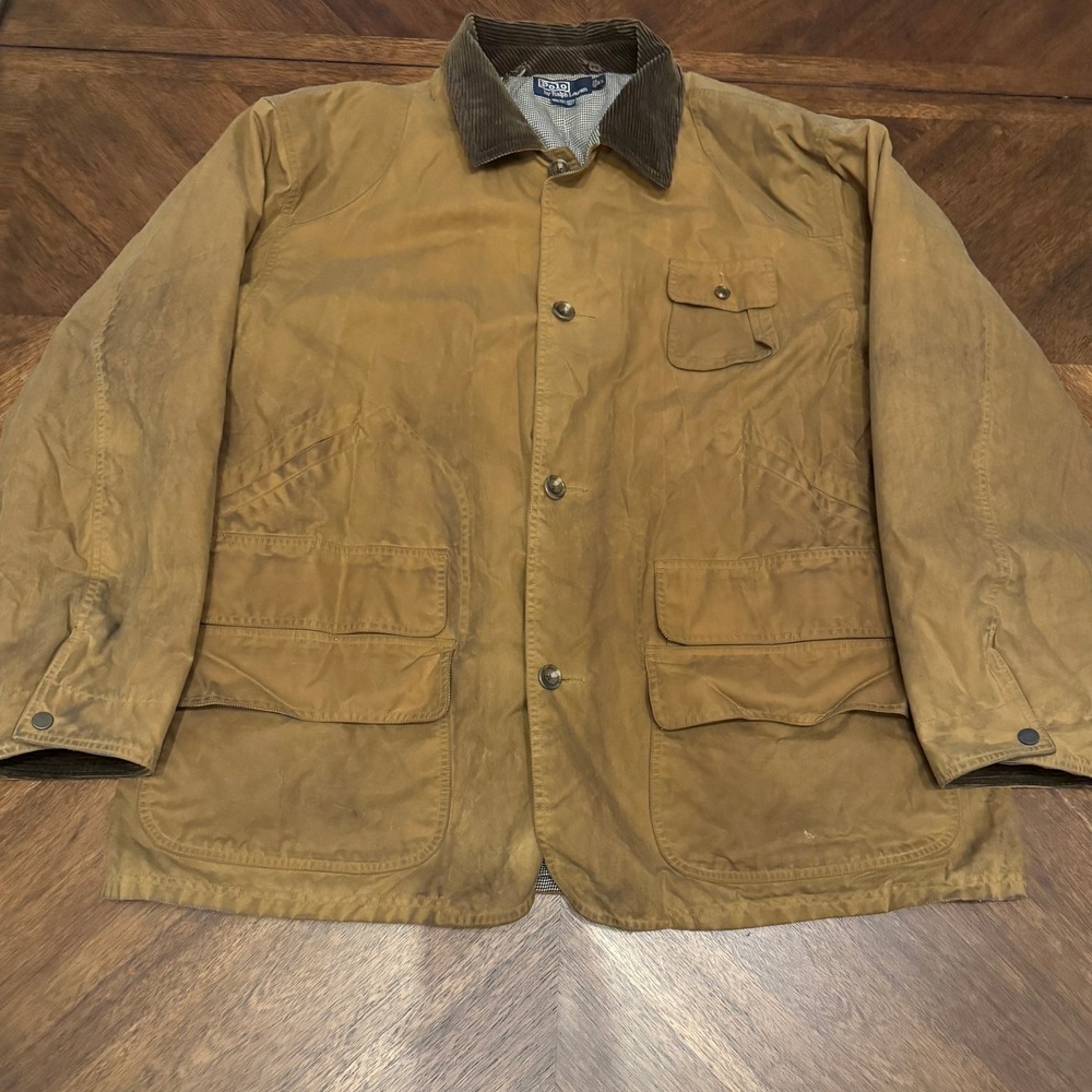 Polo Ralph Lauren XL Waxed Cotton Hunting Jacket Corduroy Houndstooth Lining‎